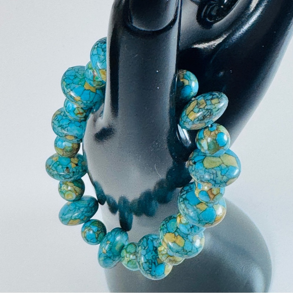 Turquoise Beaded Stretch Bracelet Blue Green Stone Statement Boho Jewelry - Picture 6 of 9